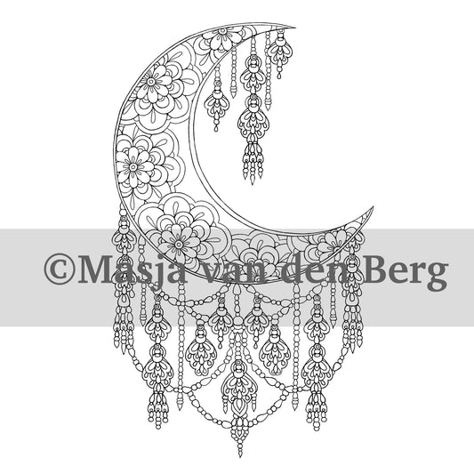 Kleurplaat uit Masja’s Mandala’s Deel 2 – maan met mandala motief