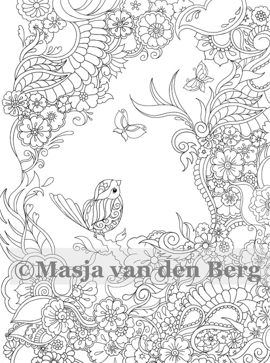 Illustratie van een vogel tussen bloemen en paisleys uit Masja’s Wonderlijke Tuin