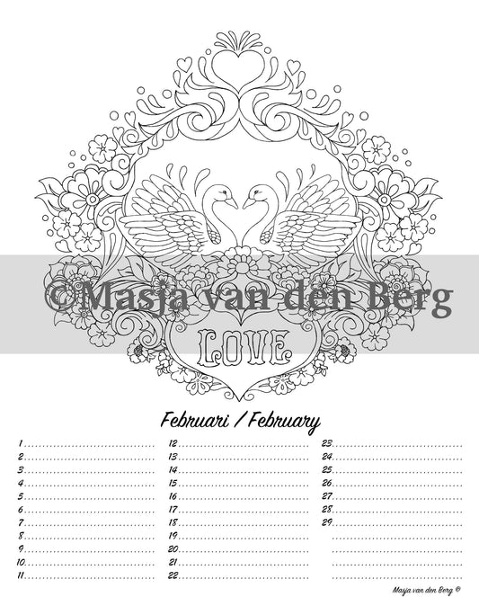 illustratie Masja's verjaardagskalender, februari, zwanen, love, bloemen