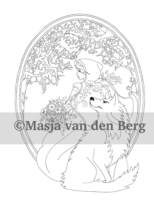 kleurplaat uit masja's Fairytales - roodkapje, boze wolf