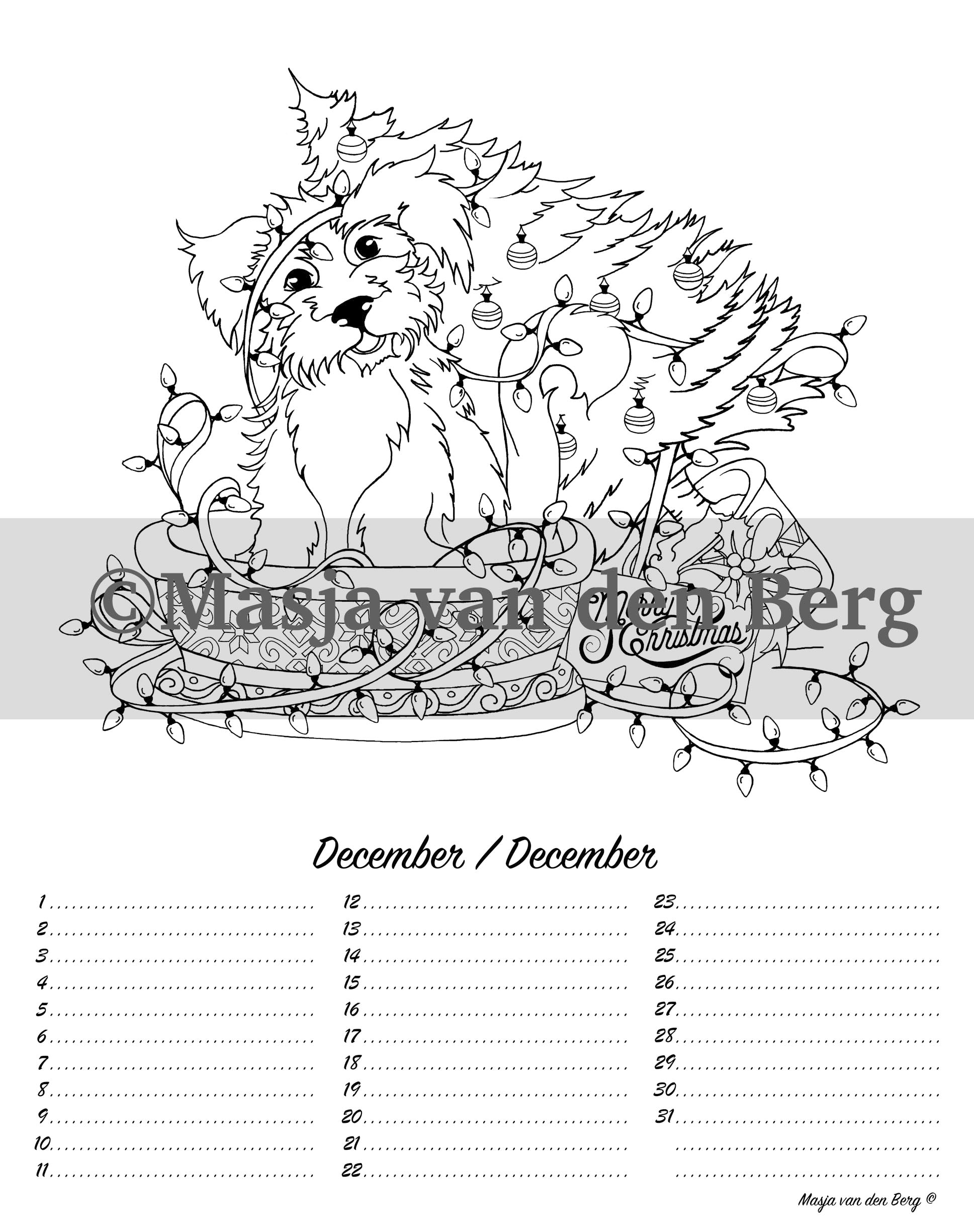 illustratie uit Masja's verjaardagskalender, kerst, hondje met een omgevallen kerstboom met kerstverlichting