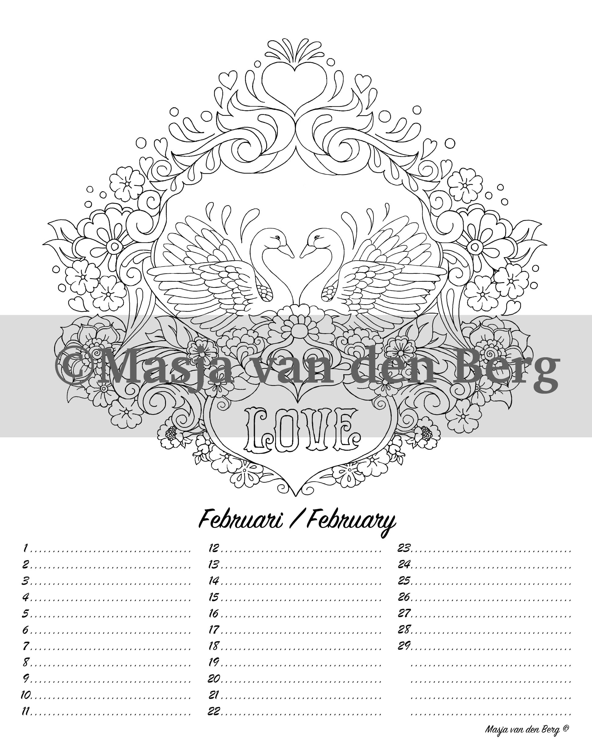 illustratie Masja's verjaardagskalender, februari, zwanen, love, bloemen