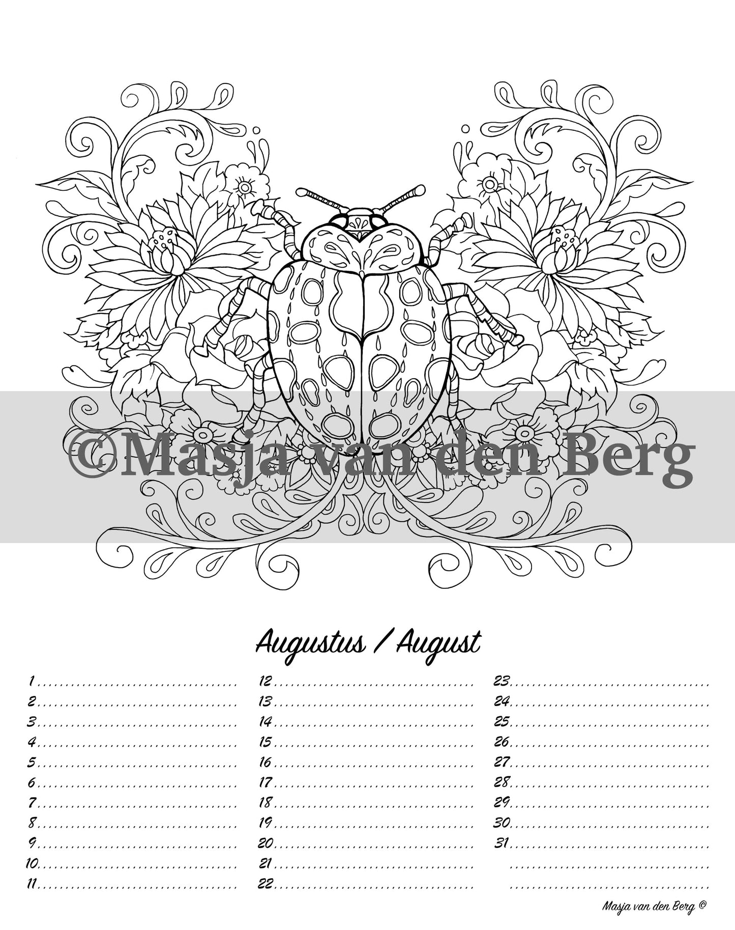 illustratie uit Masja's verjaardagskalender, lieveheersbeestje, kever, bloemen, augustus