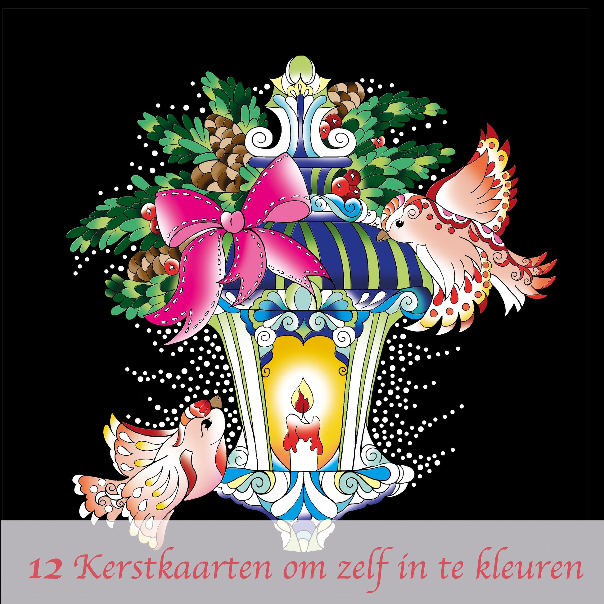 Kerstkaarten om zelf in te kleuren , lantaarn met kaars en vogeltjes