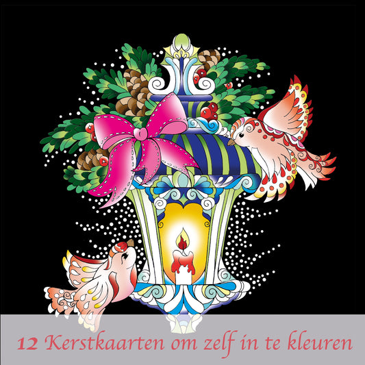Kerstkaarten om zelf in te kleuren , lantaarn met kaars en vogeltjes