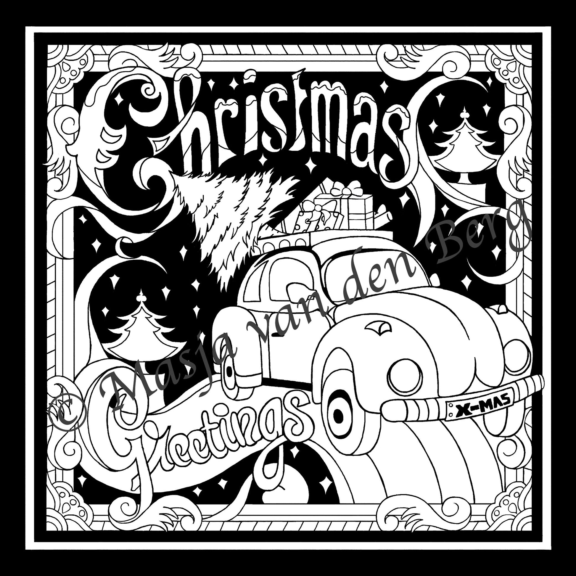 kerstkaart om zelf in te kleuren met beetle auto en kerstboom op het dak. Christmas greetings