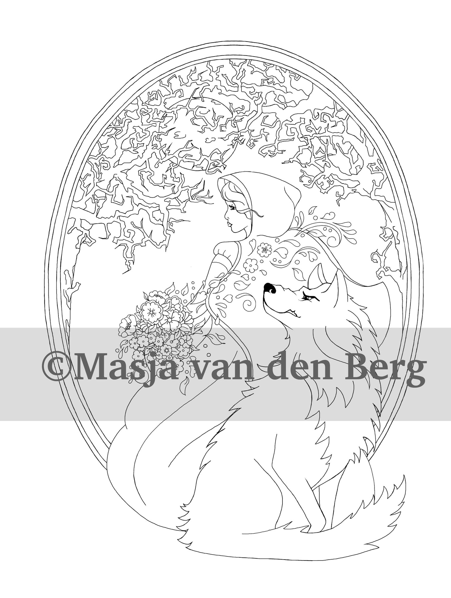kleurplaat uit masja's Fairytales - roodkapje, boze wolf