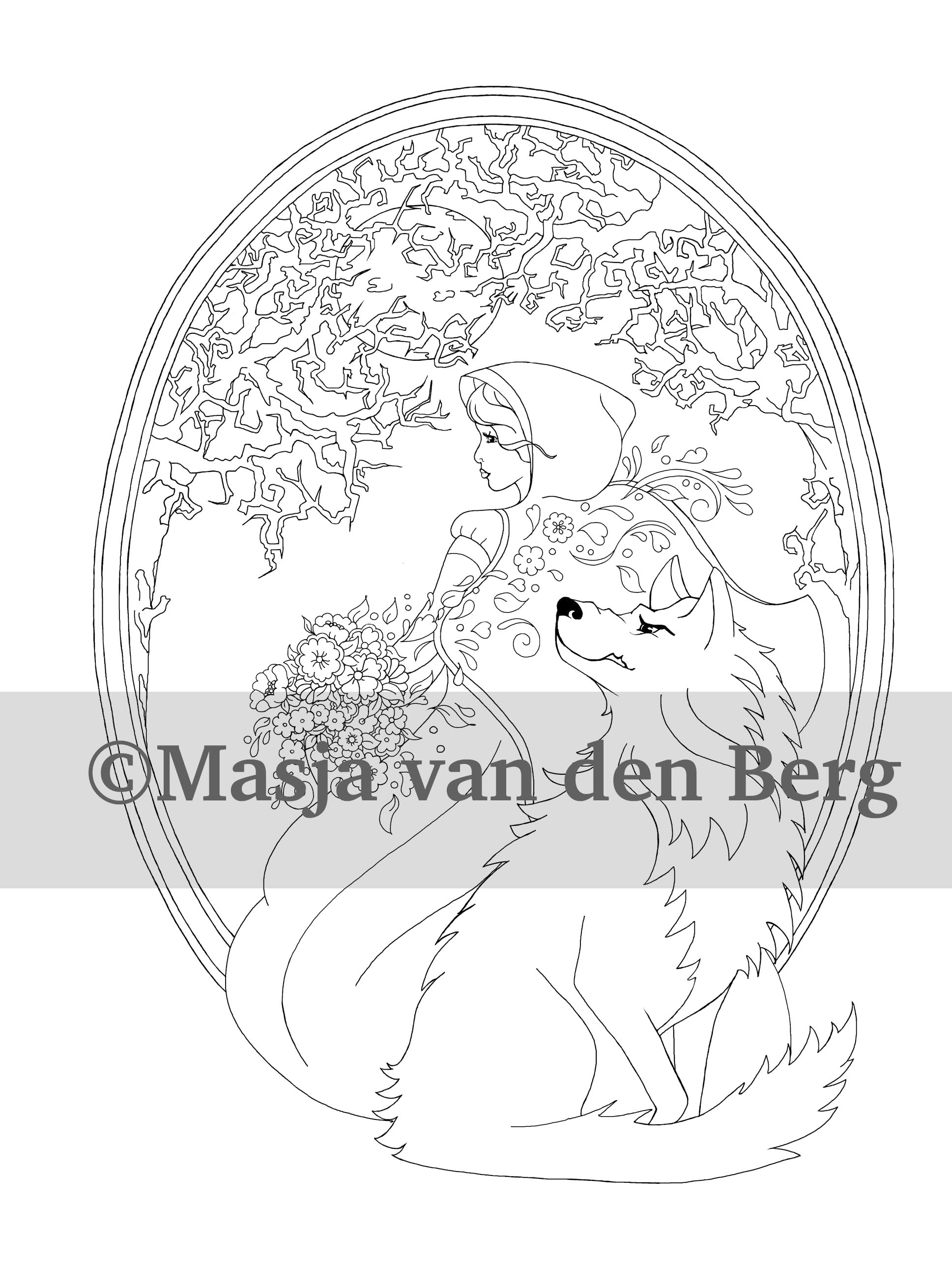 kleurplaat uit masja's Fairytales - roodkapje, boze wolf