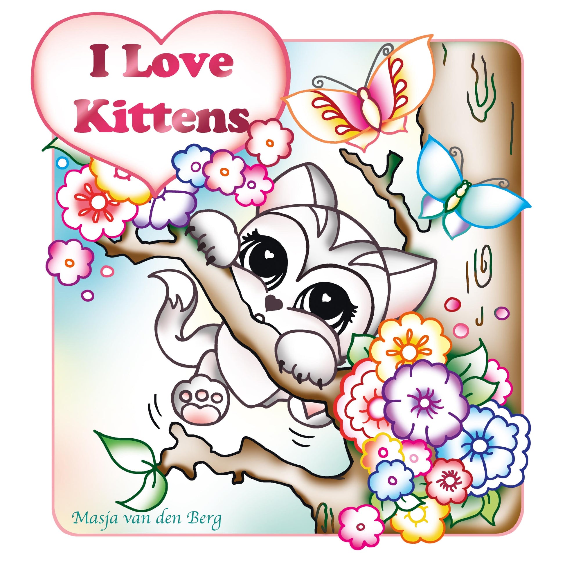 voorkant kleurboek I love kittens, zachte kleuren en een katje dat in de boom klimt
